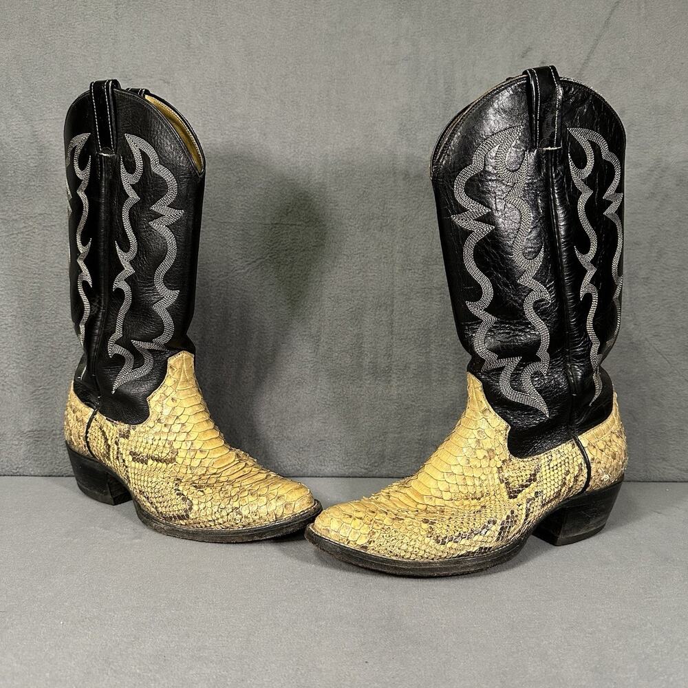 Vintage Cowtown Women’s Python Snakeskin Western Cowboy Boots USA Black Tan 8B